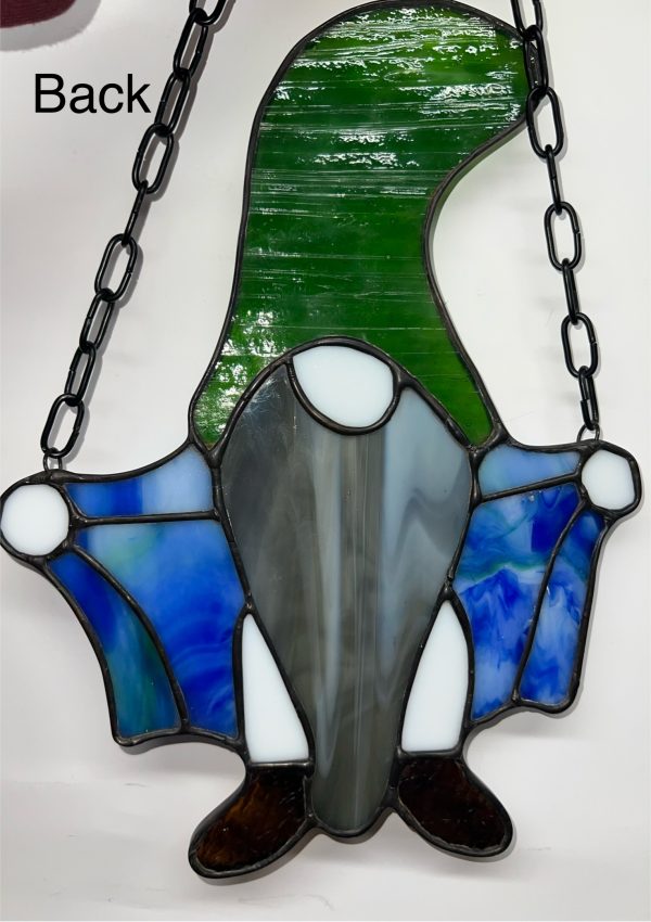 back of stained glass flashing gnome.