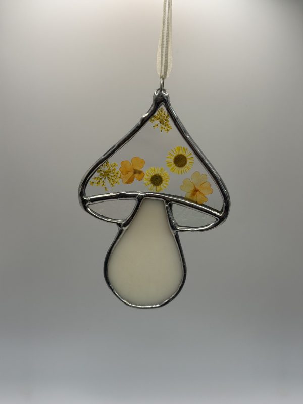 yellow floral mushroom stained glass sun catcher
